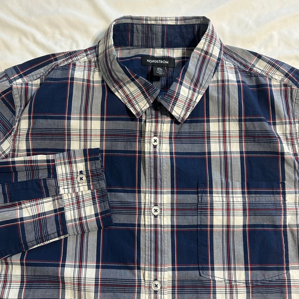 Nordstrom Boys XXL 18/20 Plaid Button Down Shirt Navy Blue Red White Cotton